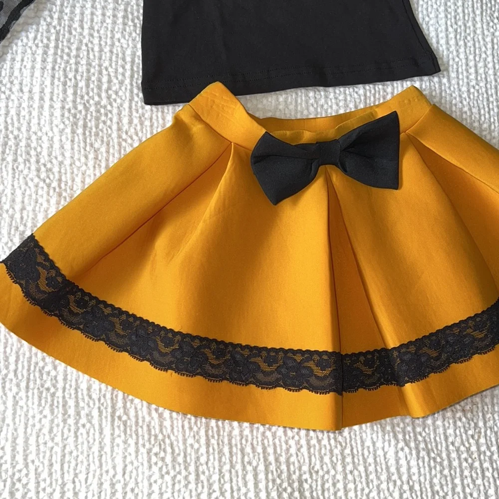 NWT 3T Matching Yellow & Black Adorable Skirt and Shirt Set with Bows and Lace - Picture 3 of 9